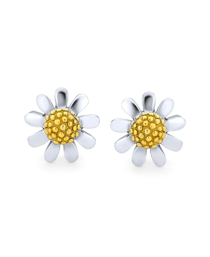 Bling Jewelry Summer Spring Time Two Tone Multi Charm Sunflower Daisy Flower Stud Earring For Women Yellow 14K Gold Plated .925 Sterling Silver