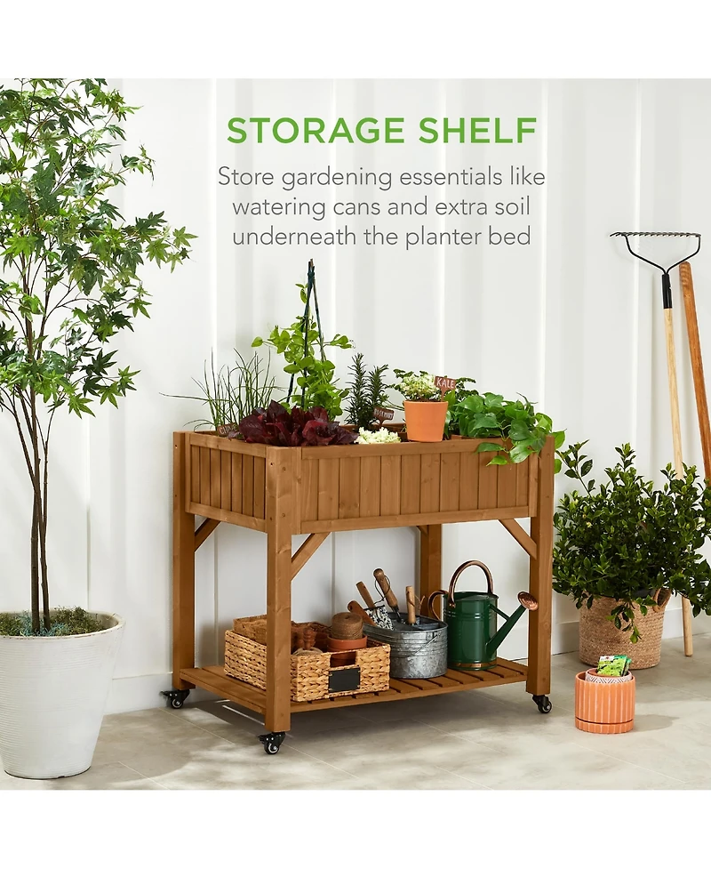 Best Choice Products Elevated Mobile Pocket Herb Garden Bed Planter w/ Lockable Wheels, Storage Shelf - Acorn Brown