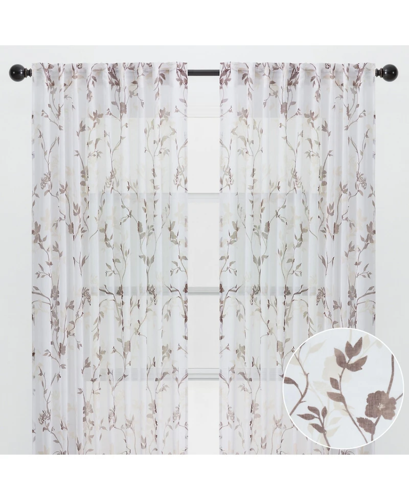 Chanasya Premium 2-Panel Floral Textured Sheer Curtain Panels - 3-in-1 Back Tab, Rod Pocket