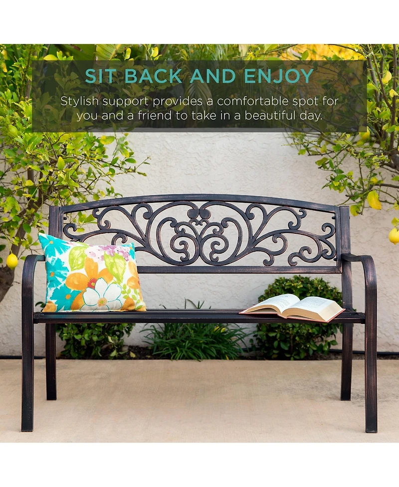 Best Choice Products Outdoor Steel Bench Garden Patio Porch Furniture w/ Floral Design Backrest