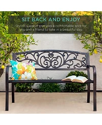 Best Choice Products Outdoor Steel Bench Garden Patio Porch Furniture w/ Floral Design Backrest