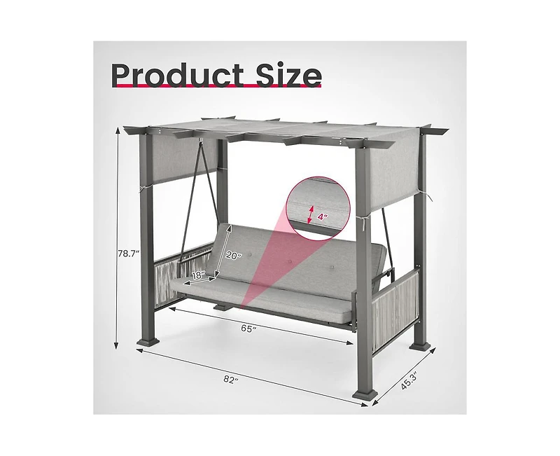 Pamapic 3-Person Gray Metal Patio Swing with Cushion