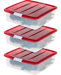 33 Qt. 3-pack Holiday Wreath Storage Container Box with Lid, Clear/Red