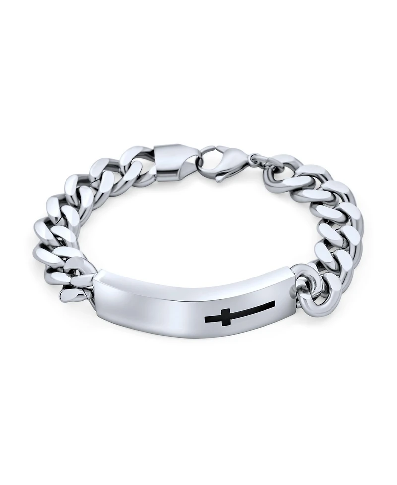 Bling Jewelry Name Plated Religious Side Ways Cross Identification Id Bracelet Curb Stainless Steel