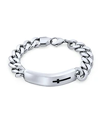 Bling Jewelry Name Plated Religious Side Ways Cross Identification Id Bracelet Curb Stainless Steel