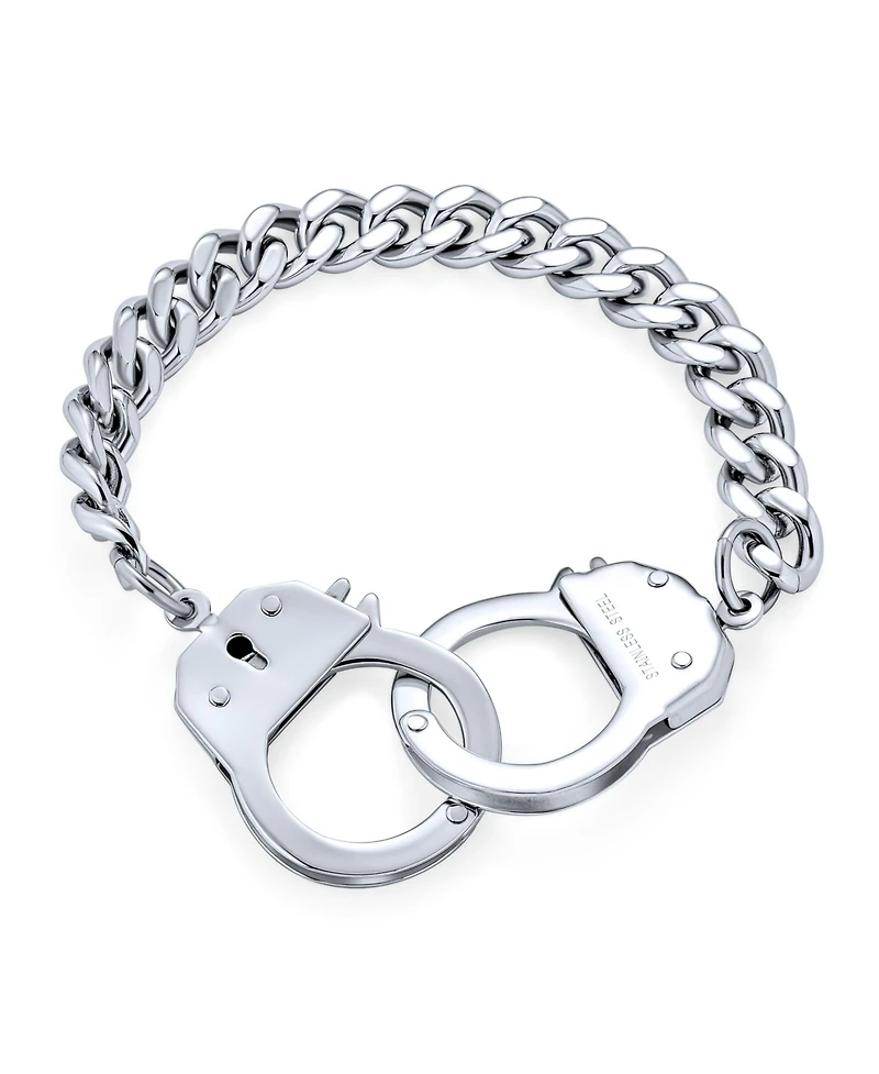 Bling Jewelry Biker Couples Handcuff Statement Bracelet Cuban Curb Chain Stainless Steel