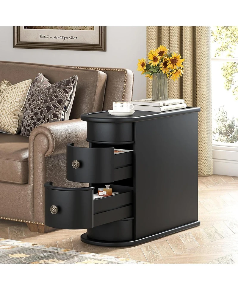 Tribesigns End Table with 2 Drawers, Sofa Side Storage, No Assembly Required, Closed Back, Slim Nightstand Vintage Wood Bedside