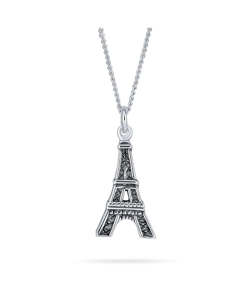 Bling Jewelry French Vacation Cz Accent Dangling Paris France Eiffel Tower Pendant Necklace Oxidized .925 Sterling Silver