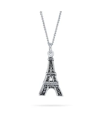 Bling Jewelry French Vacation Cz Accent Dangling Paris France Eiffel Tower Pendant Necklace Oxidized .925 Sterling Silver