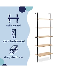 Madera Industrial 5-Shelf Wood Wall-Mounted Open Ladder Bookcase, Metal Frame