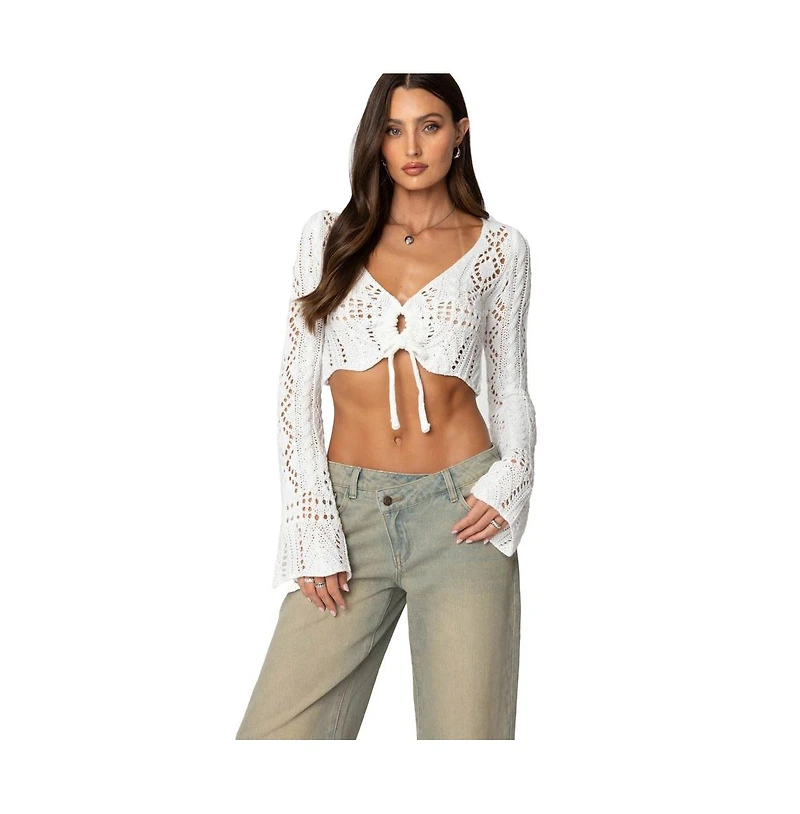 Edikted Womens Tie Front Crochet Crop Top