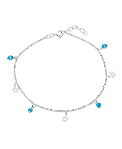 Bling Jewelry Dangle Aqua Blue Vacation Cats Eye Bead Anklet Open Star Multi Charm Ankle Bracelet .925 Sterling Silver Adjustable