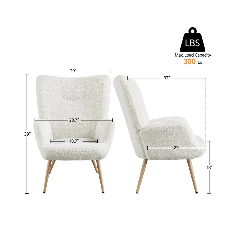 Yaheetech Faux Fur Fabric Boucle Accent Chair with Smiling Mouth Tufted High Back, Tapered Legs White