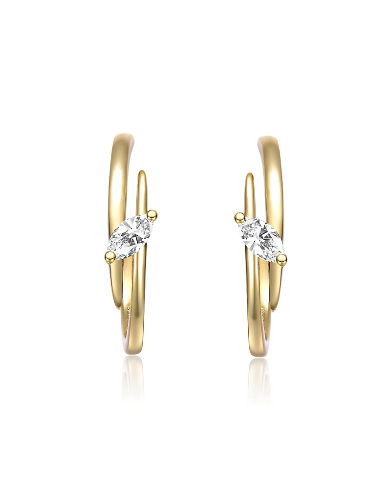 Sterling Silver 14K Gold Plated with Clear Cubic Zirconia Double Curve C-Hoop Earrings