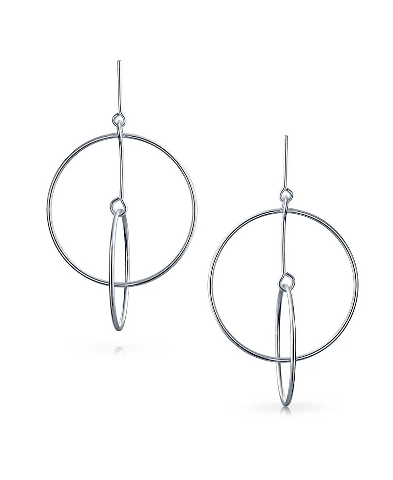Bling Jewelry Minimalist Geometric Round Thin One Two Open Interlocking Circle Dangle Earrings .925 Sterling Silver 2.5 Inch Diameter
