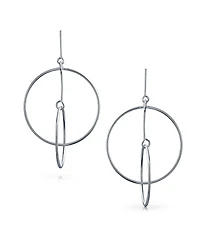 Bling Jewelry Minimalist Geometric Round Thin One Two Open Interlocking Circle Dangle Earrings .925 Sterling Silver 2.5 Inch Diameter