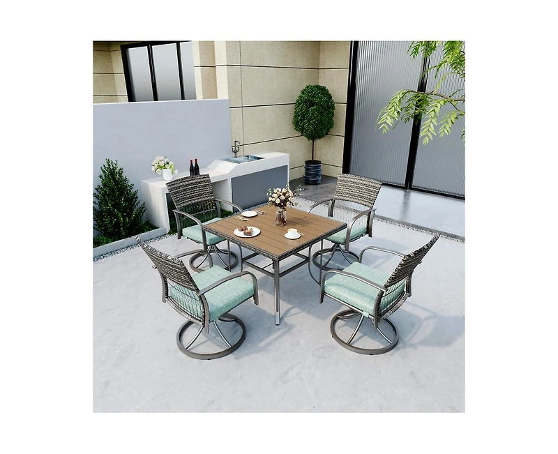 Pamapic 5-Piece Patio Outdoor Dining Set with Square Table and Rattan Swivel Chairs Green Cushion