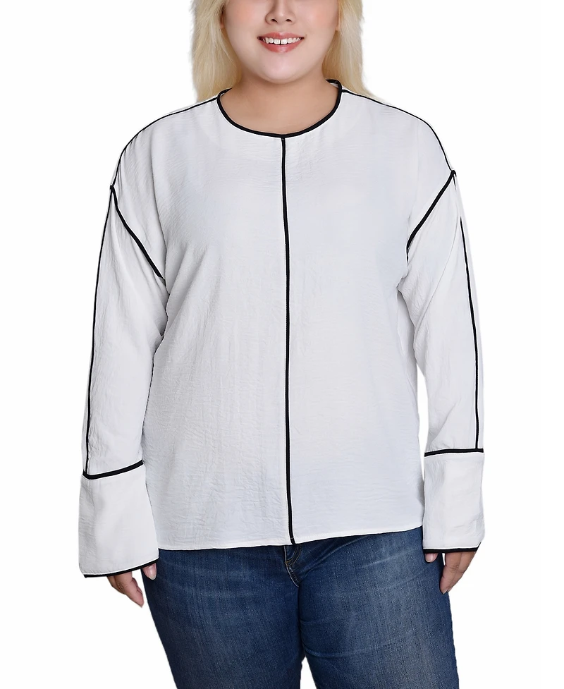 Ny Collection Plus Long Sleeve Contrast Piped Blouse