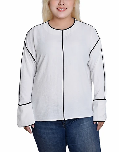 Ny Collection Plus Long Sleeve Contrast Piped Blouse