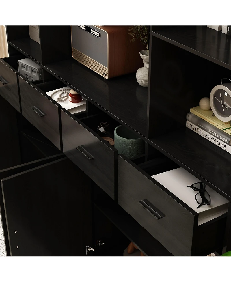 15-Shelf Standard Bookshelf with Adjustable Shelves, 4 Drawers