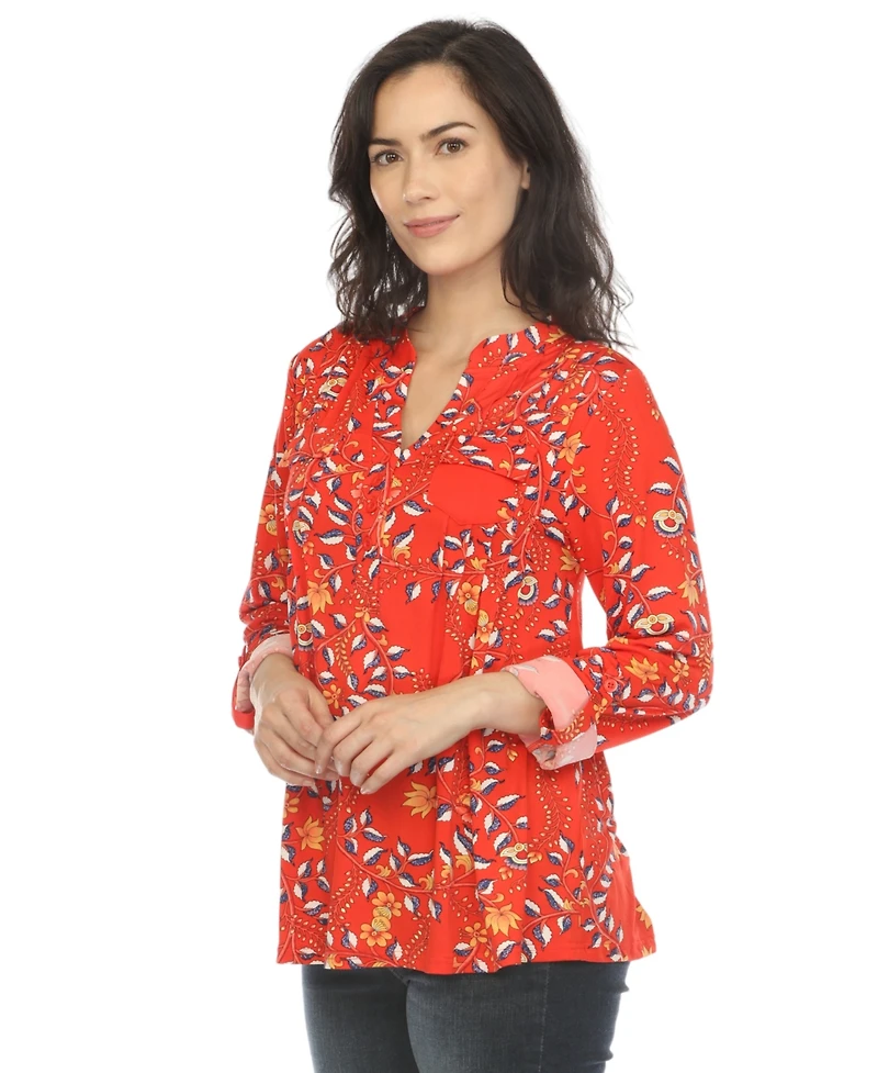 White Mark Women's Paisley Button Front Tunic Top
