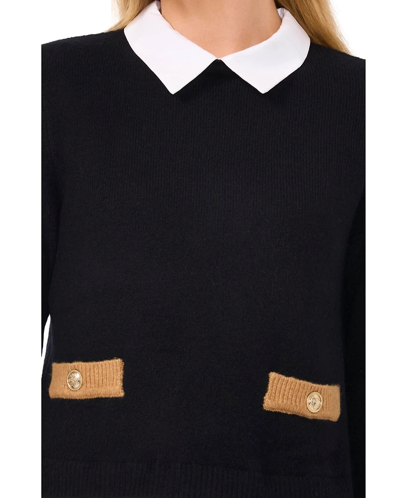 CeCe Women's Two-Fer Collared Pocket Detail Sweater