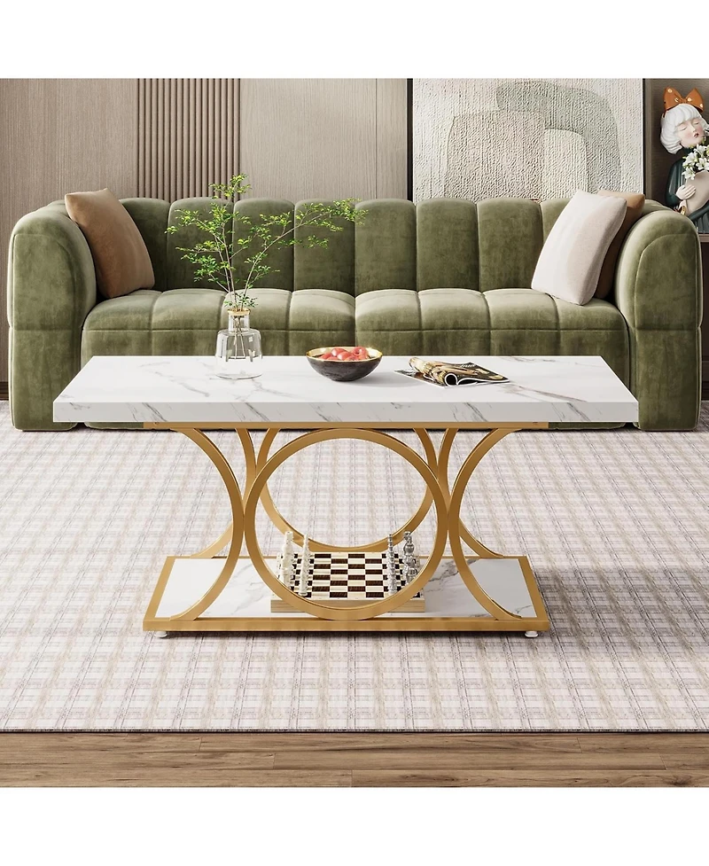 Tribesigns Rectangle Coffee Table, 47.24-inch Modern Coffee Tables for Living Room, 2-Tier Faux Marble Wood Coffee Table with Geometric Metal Legs,Bla
