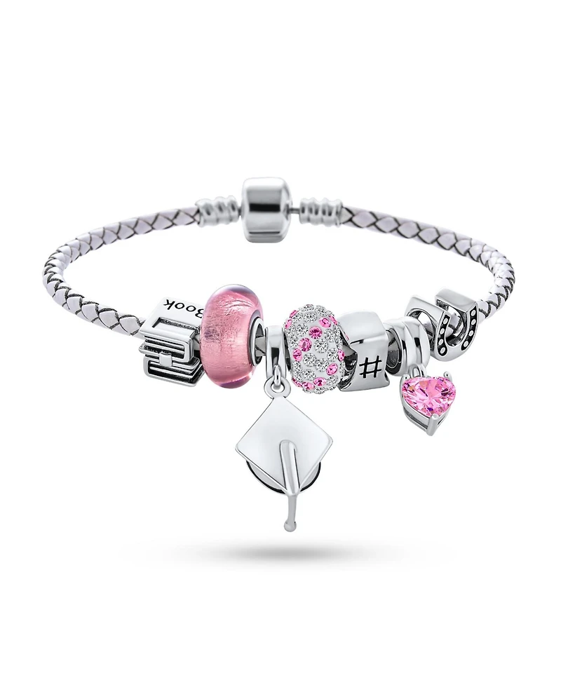 Bling Jewelry Initial Graduation Cap Honor Student Good Luck Theme Crystal European Bead Multi Charm Bangle Bracelet .925 Sterling Silver Snap Barrel