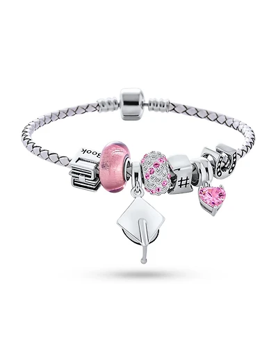 Bling Jewelry Initial Graduation Cap Honor Student Good Luck Theme Crystal European Bead Multi Charm Bangle Bracelet .925 Sterling Silver Snap Barrel