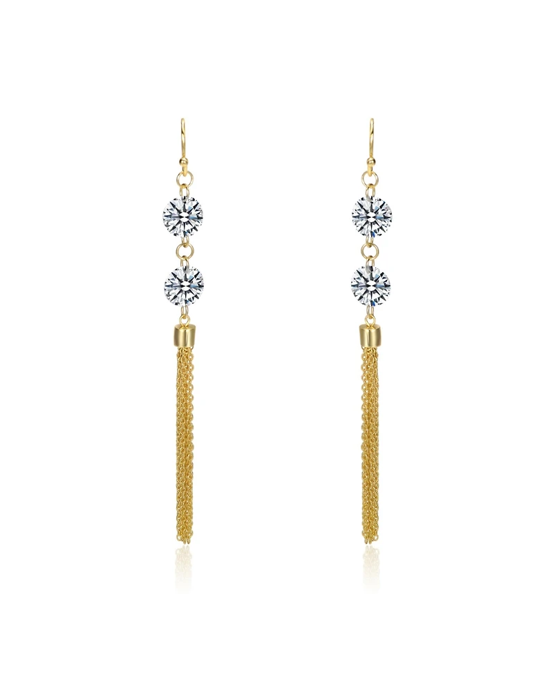 Sterling Silver 14K Gold Plated with Cubic Zirconia Chain Fringe Dangle Earrings
