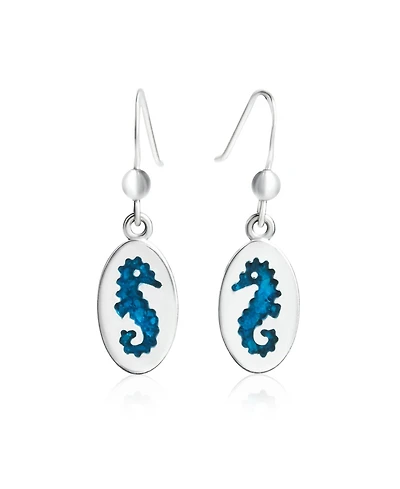 Bling Jewelry Sea Animal Nautical Beach Vacation Inlay Enamel Blue Oval Seahorse Dangling Earrings .925 Sterling Silver Fish Hook