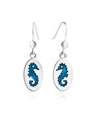 Bling Jewelry Sea Animal Nautical Beach Vacation Inlay Enamel Blue Oval Seahorse Dangling Earrings .925 Sterling Silver Fish Hook