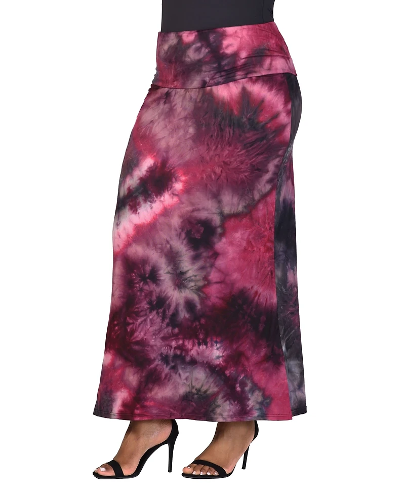 24seven Comfort Apparel Plus Fold Over Waist Printed Maxi Skirt