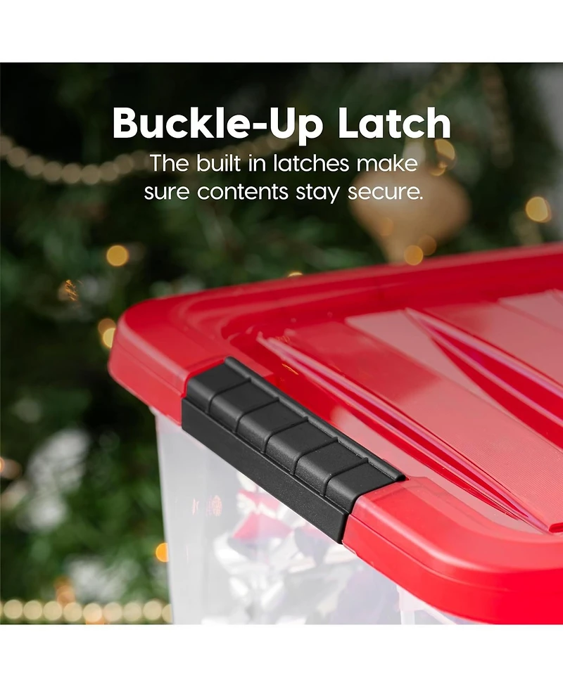 Iris Usa 4Pack 19qt Christmas Plastic Storage Bin with Lid and Secure Latching Buckles, Clear/Red