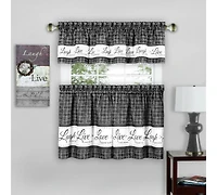 Kate Aurora Country Farmhouse Plaid Live laugh love 3 Piece Kitchen Curtain Set