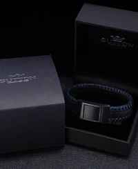 Rhona Sutton Stainless Steel Stylish Black and Blue Chunky Leather Bracelet