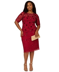 Adrianna Papell Plus Floral Sequin Elbow-Sleeve Sheath Dress