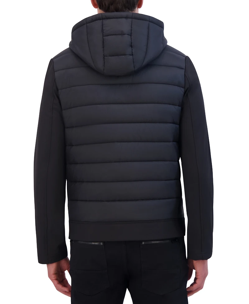 Kenneth Cole Men's Mixed-Media Hooded Soft Shell Bomber Jacket