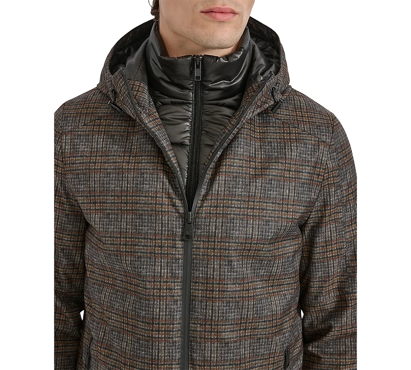 Kenneth Cole Men's Water-Resistant Hooded Stadium Coat with Removable Puffer Bib