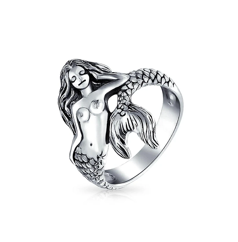 Bling Jewelry Nautical Marine Life Tropical Beach Nymph Siren Mermaid Ring Oxidized .925 Sterling Silver 2MM Band