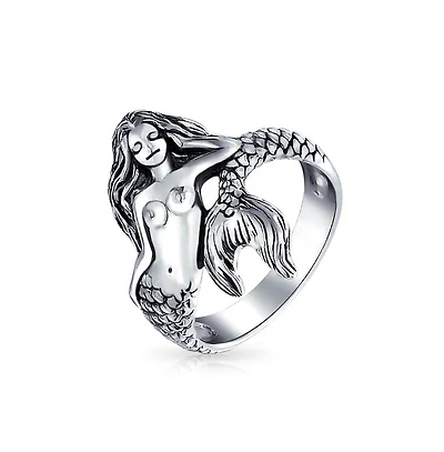 Bling Jewelry Nautical Marine Life Tropical Beach Nymph Siren Mermaid Ring Oxidized .925 Sterling Silver 2MM Band