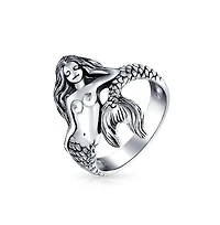 Bling Jewelry Nautical Marine Life Tropical Beach Nymph Siren Mermaid Ring Oxidized .925 Sterling Silver 2MM Band