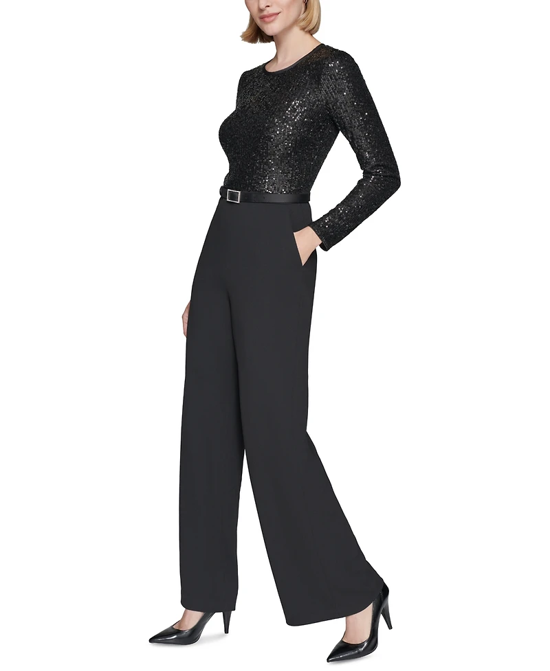 Karl Lagerfeld Paris Women's Sequin-Top Wide-Leg Jumpsuit