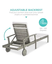 Best Choice Products 79x26in Acacia Wood Outdoor Chaise Lounge Chair w/ Adjustable Backrest, Table, Wheels