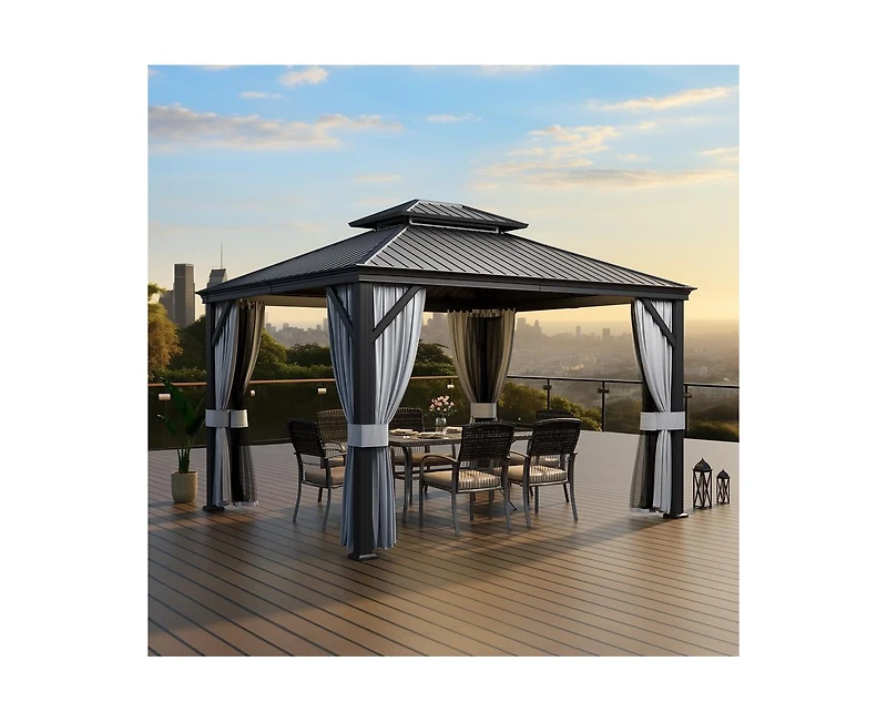 Pamapic 12 ft. x 14 ft. Metal Hardtop Gazebo with Curtains