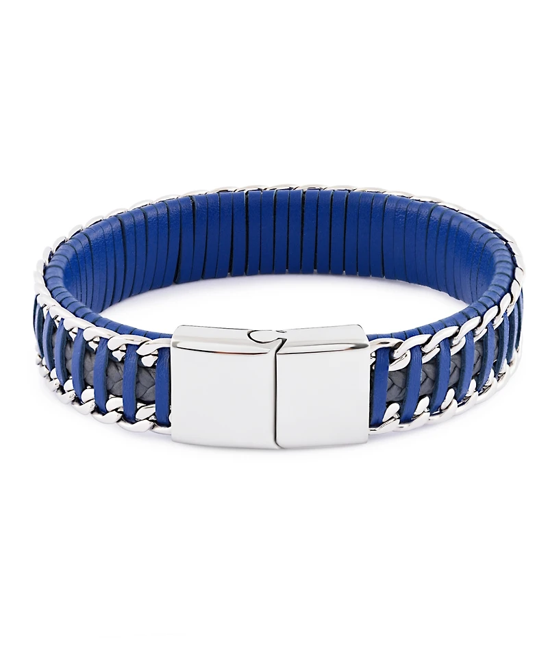 Rhona Sutton Blue Grey Leather with Chain Stainless Steel Bracelet