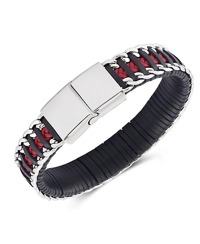 Rhona Sutton Black Red Leather with Chain Stainless Steel Bracelet