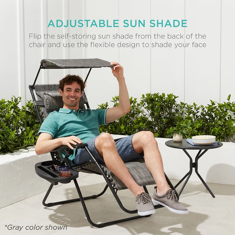Best Choice Products Folding Zero Gravity Recliner Patio Lounge Chair w/ Canopy Shade, Headrest