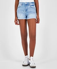 Indigo Rein Juniors' Embroidered Floral Frayed-Hem Denim Shorts