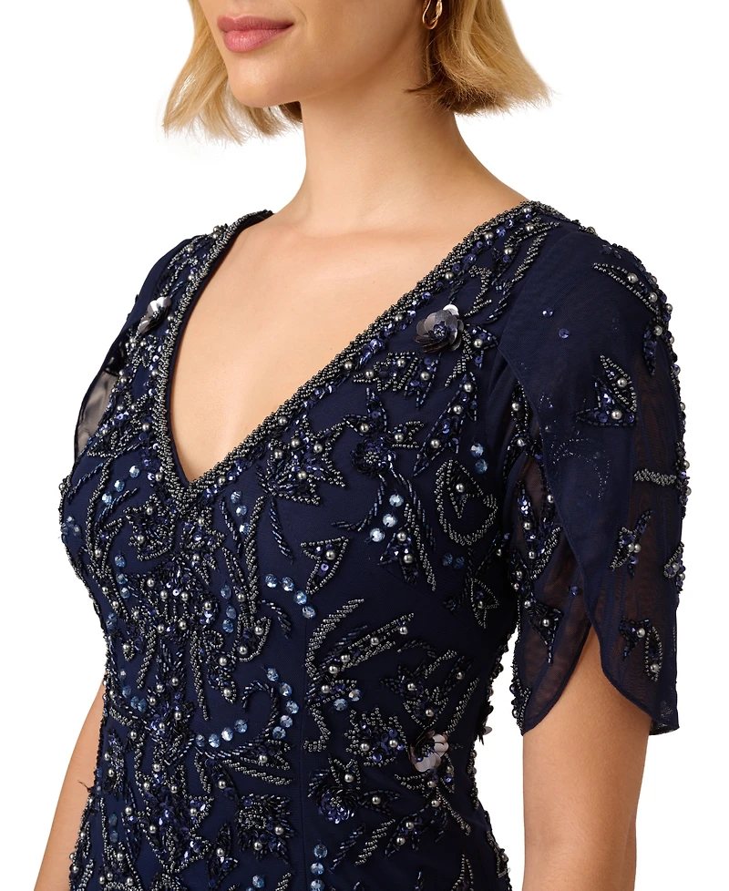 Adrianna Papell Women's Beaded Petal-Sleeve Mermaid Gown